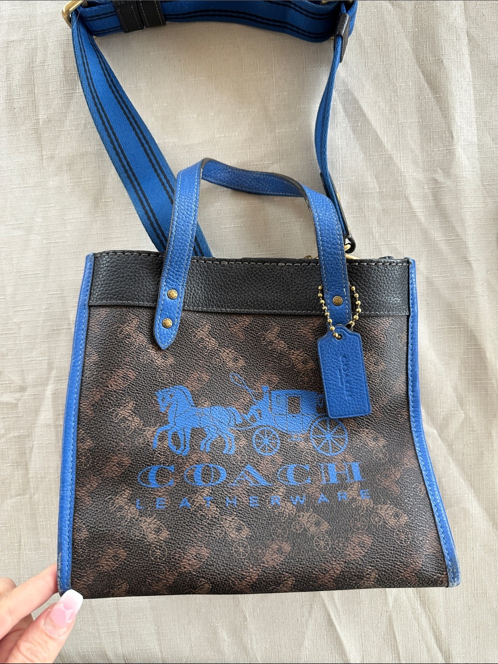 Coach Brown Signature Canvas Crossbody with Bright Blue Trim